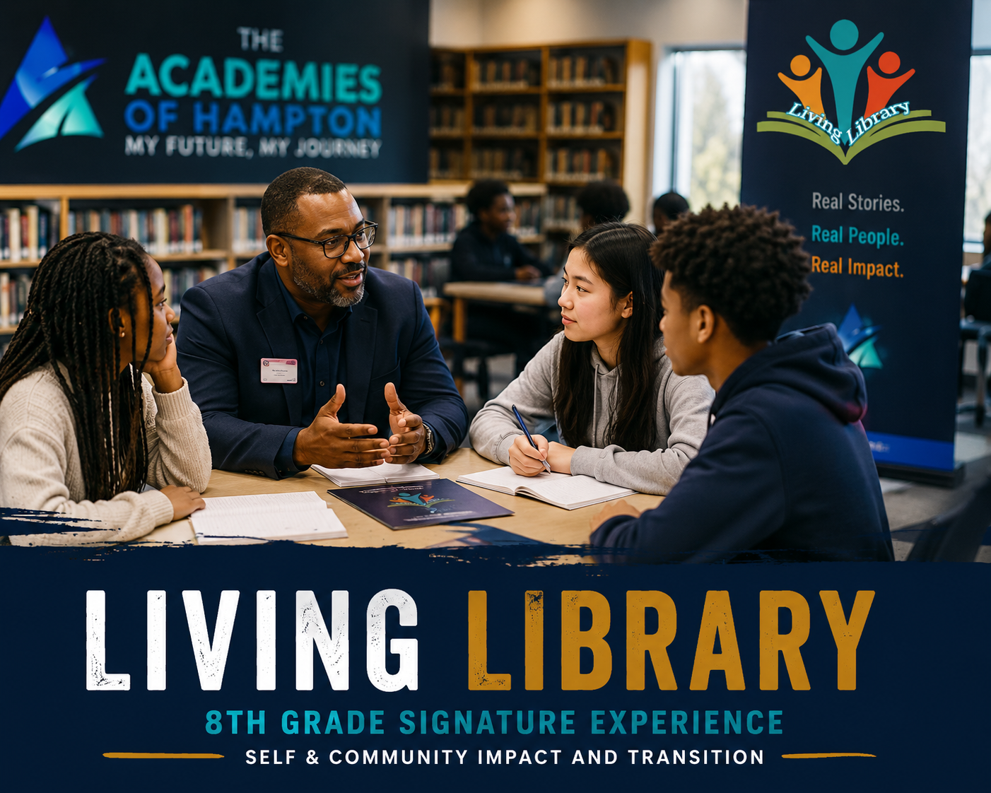 A Living Library community partner speaking with eighth-grade students during a small-group conversation